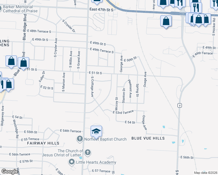 map of restaurants, bars, coffee shops, grocery stores, and more near 5200 South Delaware Avenue in Independence