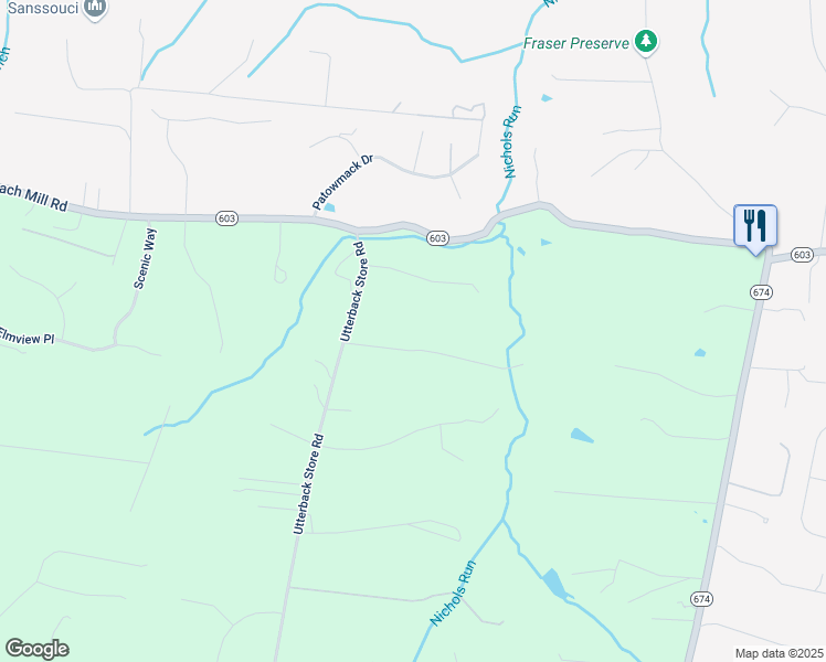 map of restaurants, bars, coffee shops, grocery stores, and more near 10800 Sycamore Springs Lane in Great Falls