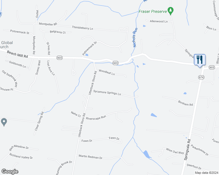 map of restaurants, bars, coffee shops, grocery stores, and more near 10800 Sycamore Springs Lane in Great Falls