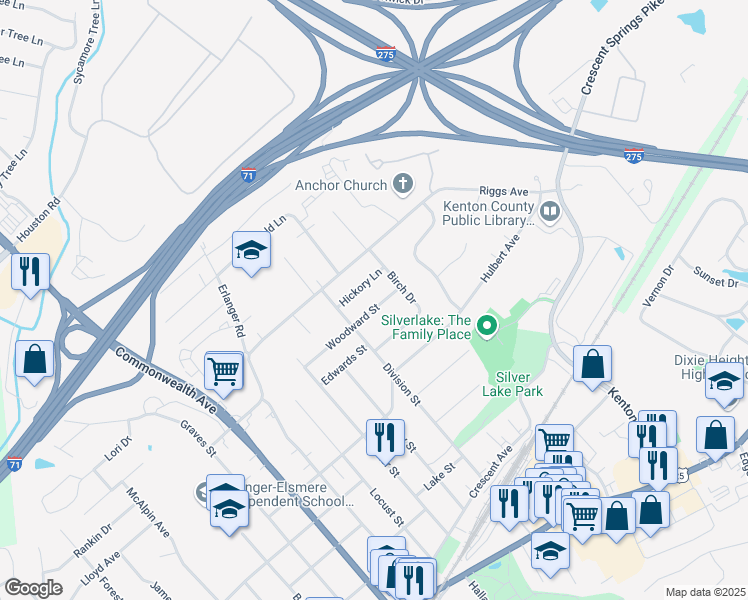 map of restaurants, bars, coffee shops, grocery stores, and more near 3164 Woodward Street in Erlanger