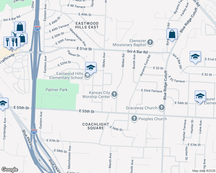 map of restaurants, bars, coffee shops, grocery stores, and more near 8205 East 53 Street in Kansas City