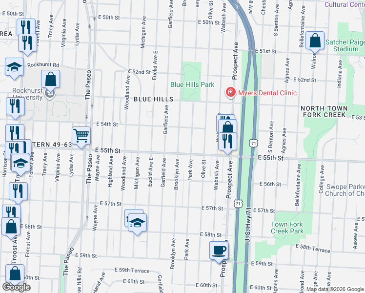 map of restaurants, bars, coffee shops, grocery stores, and more near 5438 Brooklyn Avenue in Kansas City