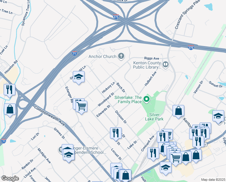 map of restaurants, bars, coffee shops, grocery stores, and more near 3160 Woodward Street in Erlanger