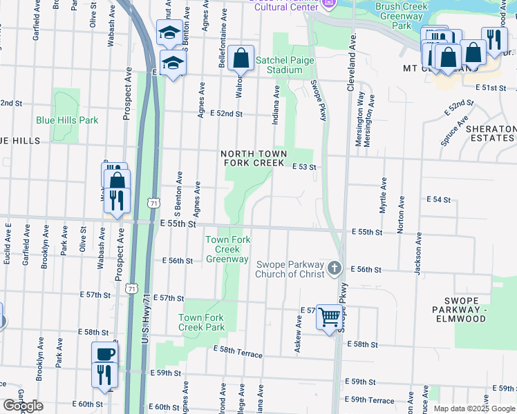map of restaurants, bars, coffee shops, grocery stores, and more near 5423 College Avenue in Kansas City