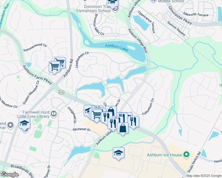 map of restaurants, bars, coffee shops, grocery stores, and more near 43987 Kings Arms Square in Ashburn