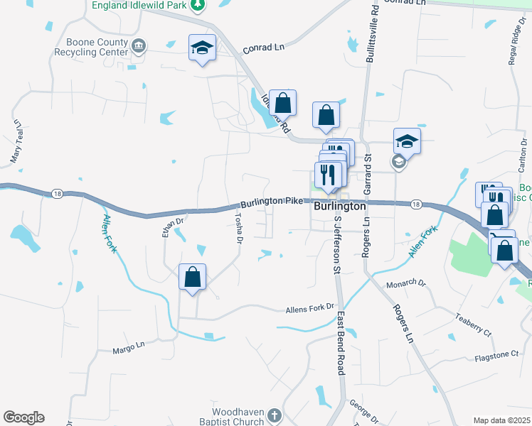 map of restaurants, bars, coffee shops, grocery stores, and more near 6032 South Pointe Drive in Burlington