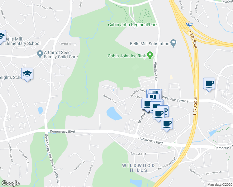 map of restaurants, bars, coffee shops, grocery stores, and more near 7504 Spring Lake Drive in Bethesda