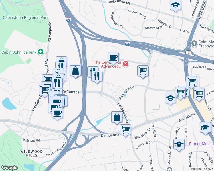 map of restaurants, bars, coffee shops, grocery stores, and more near 6738 Eames Way in Bethesda