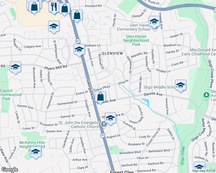 map of restaurants, bars, coffee shops, grocery stores, and more near Evans Parkway in Wheaton-Glenmont
