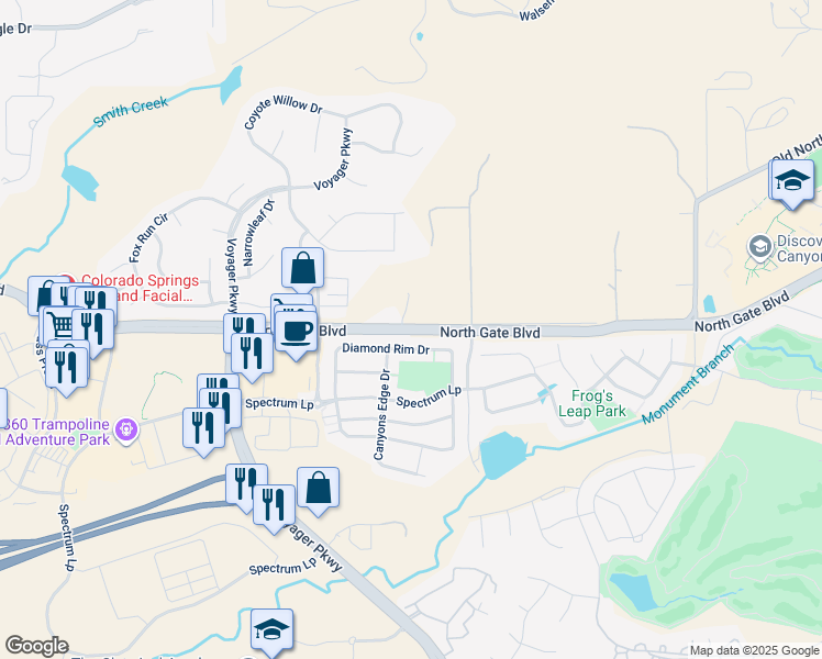 map of restaurants, bars, coffee shops, grocery stores, and more near 970 N Gate Blvd in Colorado Springs