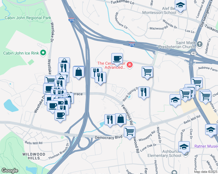 map of restaurants, bars, coffee shops, grocery stores, and more near 6914 Rockledge Drive in Bethesda