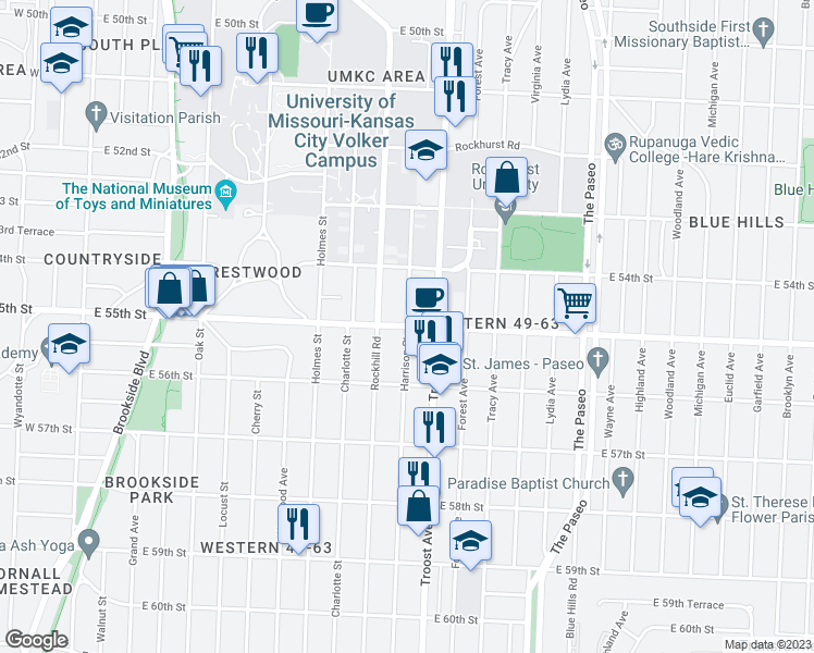 map of restaurants, bars, coffee shops, grocery stores, and more near E 55th St & Harrison St in Kansas City