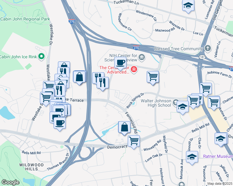 map of restaurants, bars, coffee shops, grocery stores, and more near 6741 Eames Way in Bethesda
