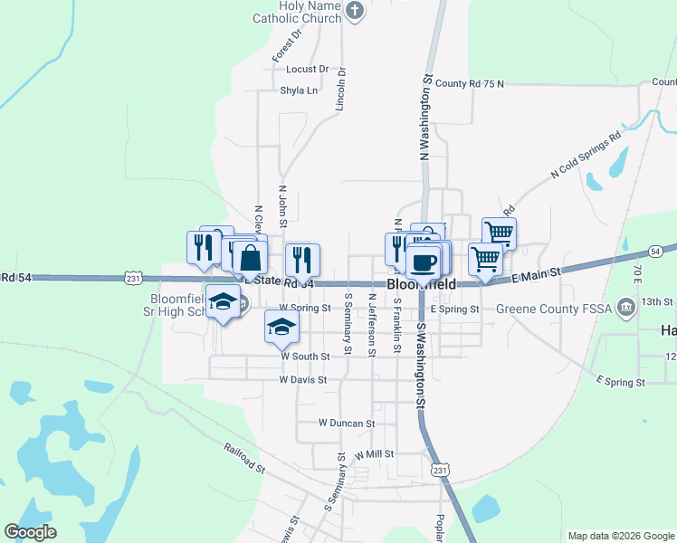 map of restaurants, bars, coffee shops, grocery stores, and more near 220 West Main Street in Bloomfield