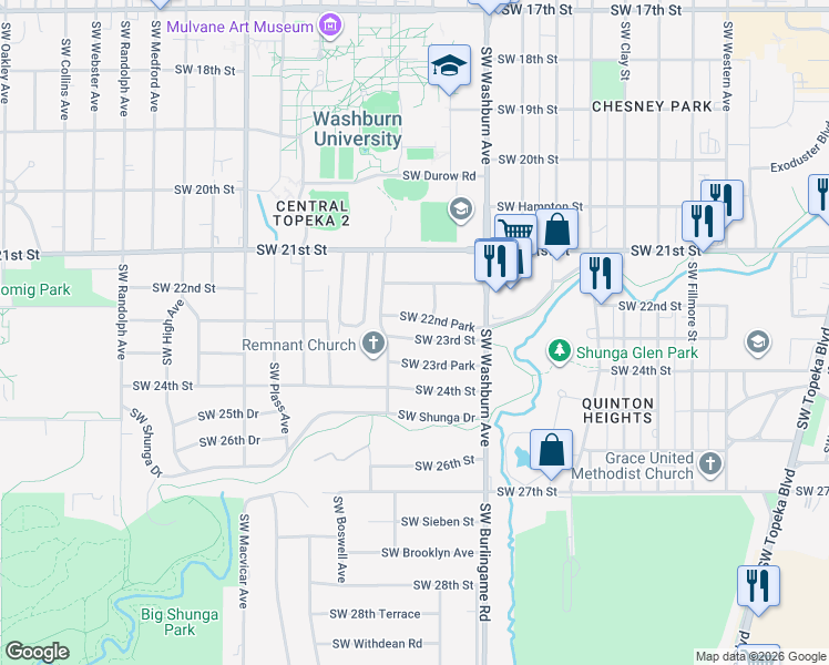 map of restaurants, bars, coffee shops, grocery stores, and more near 1544 Southwest 23rd Street in Topeka