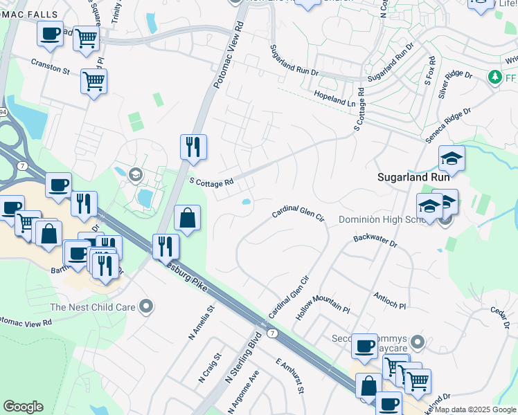 map of restaurants, bars, coffee shops, grocery stores, and more near 21250 Mirror Ridge Place in Sterling