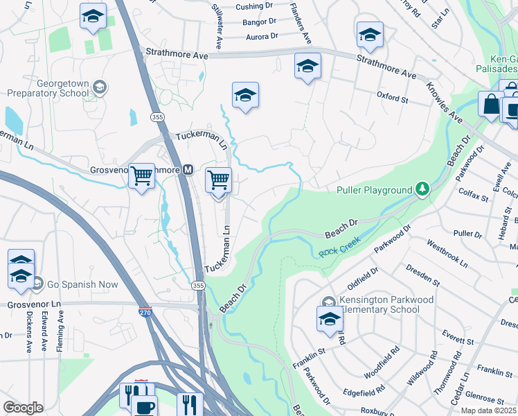 map of restaurants, bars, coffee shops, grocery stores, and more near 10423 Montrose Avenue in Bethesda