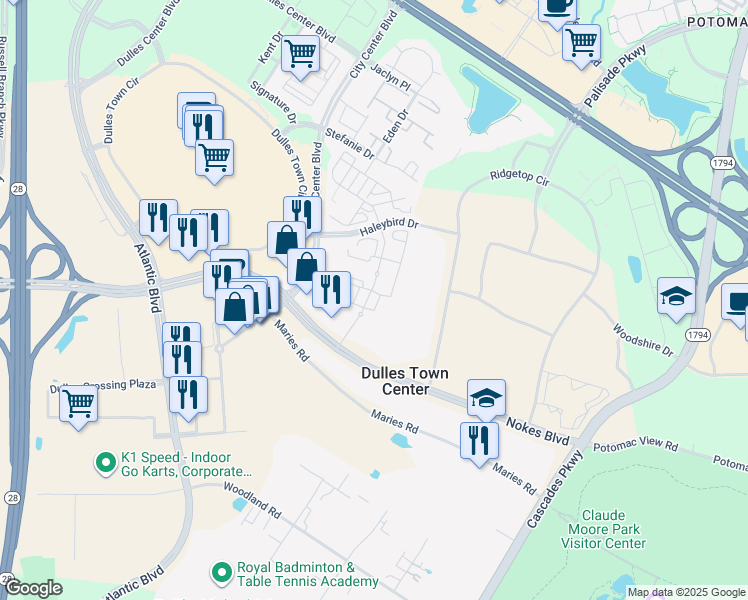map of restaurants, bars, coffee shops, grocery stores, and more near 21270 Windmill Parc Drive in Sterling
