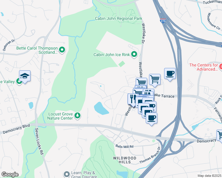 map of restaurants, bars, coffee shops, grocery stores, and more near 7401 Westlake Terrace in Bethesda