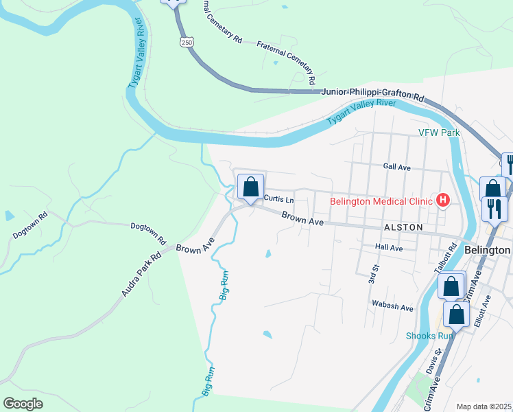 map of restaurants, bars, coffee shops, grocery stores, and more near 935-997 Brown Avenue in Belington