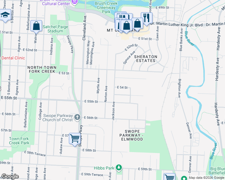 map of restaurants, bars, coffee shops, grocery stores, and more near 5419 Norton Avenue in Kansas City