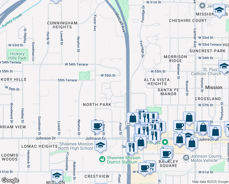 map of restaurants, bars, coffee shops, grocery stores, and more near 5603 Marty Street in Mission