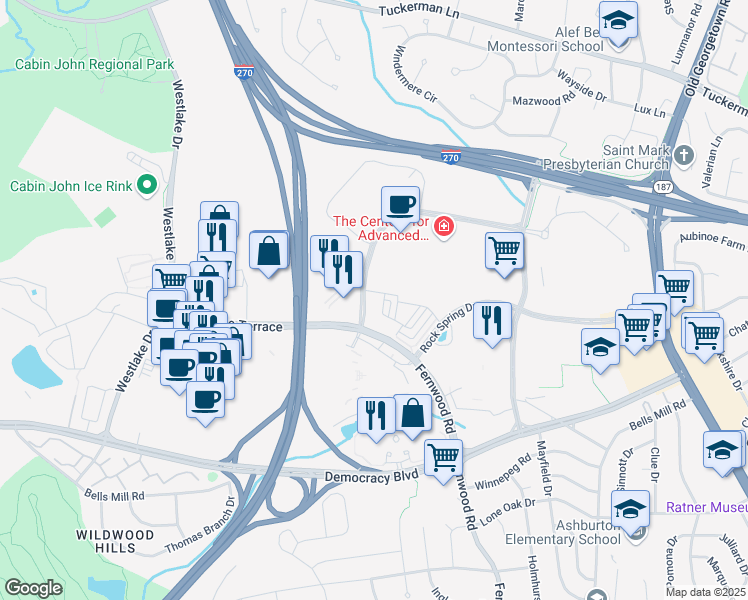 map of restaurants, bars, coffee shops, grocery stores, and more near 6910 Rockledge Drive in Bethesda