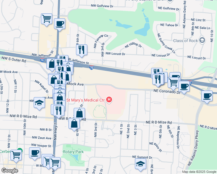map of restaurants, bars, coffee shops, grocery stores, and more near 100 Northwest Mock Avenue in Blue Springs