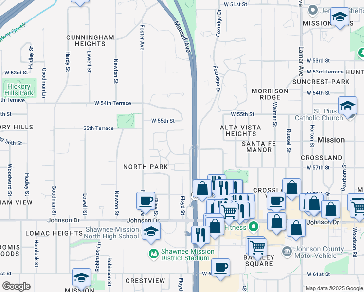 map of restaurants, bars, coffee shops, grocery stores, and more near 5603 Marty Street in Mission