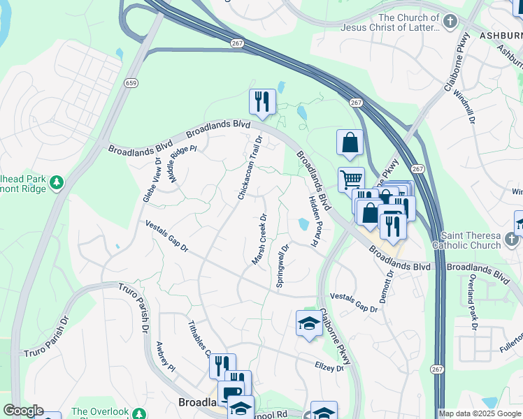 map of restaurants, bars, coffee shops, grocery stores, and more near 21293 Marsh Creek Drive in Ashburn