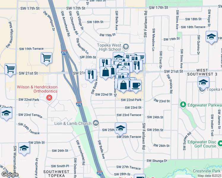 map of restaurants, bars, coffee shops, grocery stores, and more near 2121 Southwest Chelsea Drive in Topeka