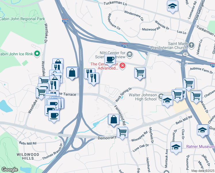 map of restaurants, bars, coffee shops, grocery stores, and more near 10406 Breuer Street in Bethesda