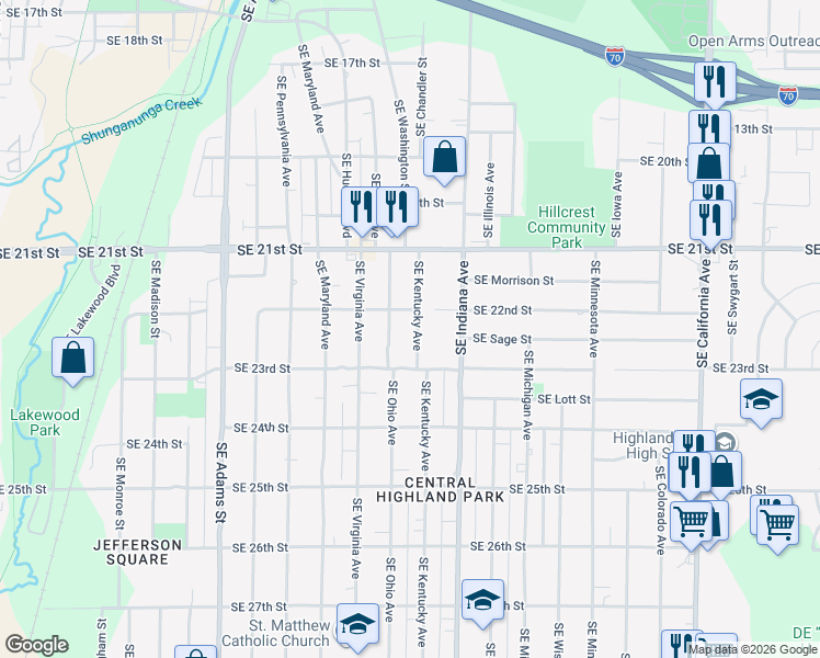map of restaurants, bars, coffee shops, grocery stores, and more near 2233 Southeast Kentucky Avenue in Topeka