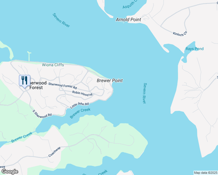 map of restaurants, bars, coffee shops, grocery stores, and more near 723 Robin Hood Hill in Annapolis