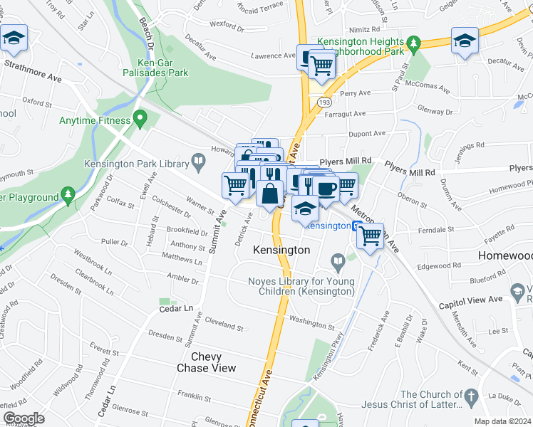 map of restaurants, bars, coffee shops, grocery stores, and more near 3906 Knowles Avenue in Kensington