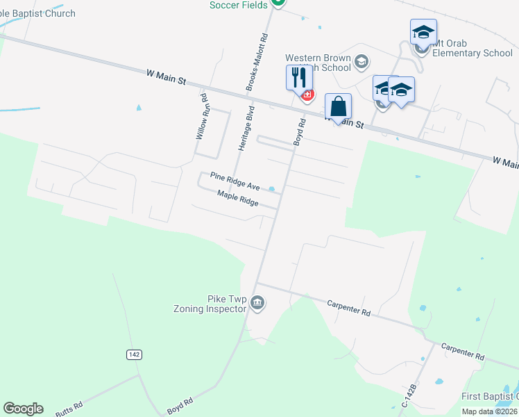 map of restaurants, bars, coffee shops, grocery stores, and more near 100 Longwood Boulevard in Mount Orab