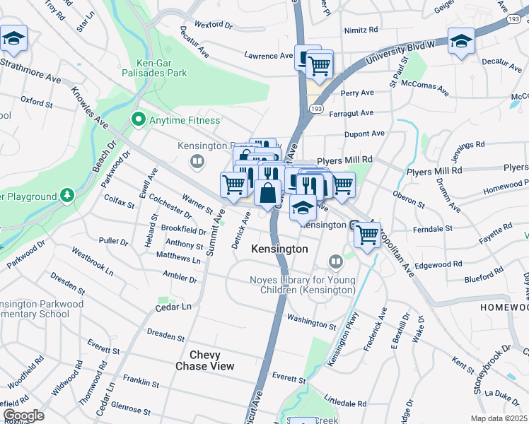 map of restaurants, bars, coffee shops, grocery stores, and more near 3906 Maryland 547 in Kensington