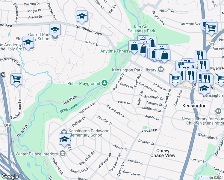 map of restaurants, bars, coffee shops, grocery stores, and more near 10400 Parkwood Drive in Kensington
