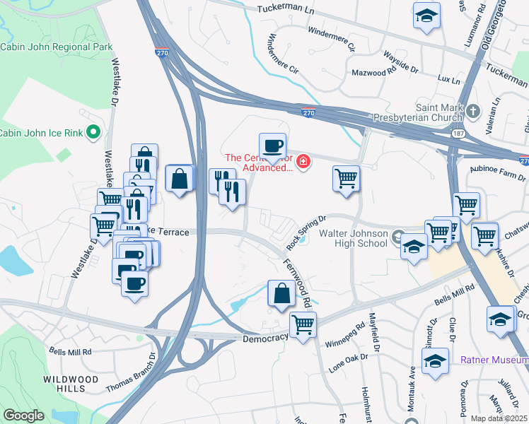 map of restaurants, bars, coffee shops, grocery stores, and more near 10410 Breuer Street in Bethesda