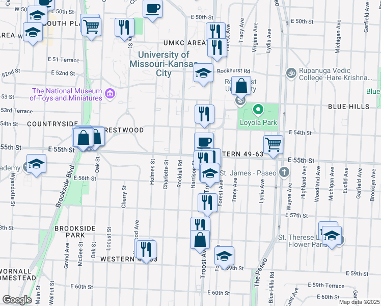map of restaurants, bars, coffee shops, grocery stores, and more near 5446 Harrison Street in Kansas City