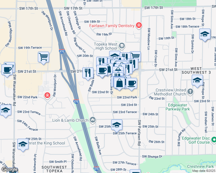map of restaurants, bars, coffee shops, grocery stores, and more near 2121 Southwest Chelsea Drive in Topeka