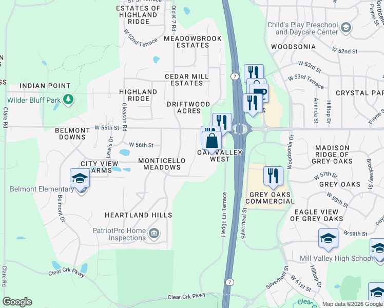 map of restaurants, bars, coffee shops, grocery stores, and more near 5630 Meadow View Drive in Shawnee