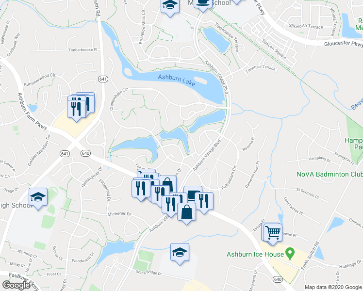 map of restaurants, bars, coffee shops, grocery stores, and more near 44018 Kings Arms Square in Ashburn