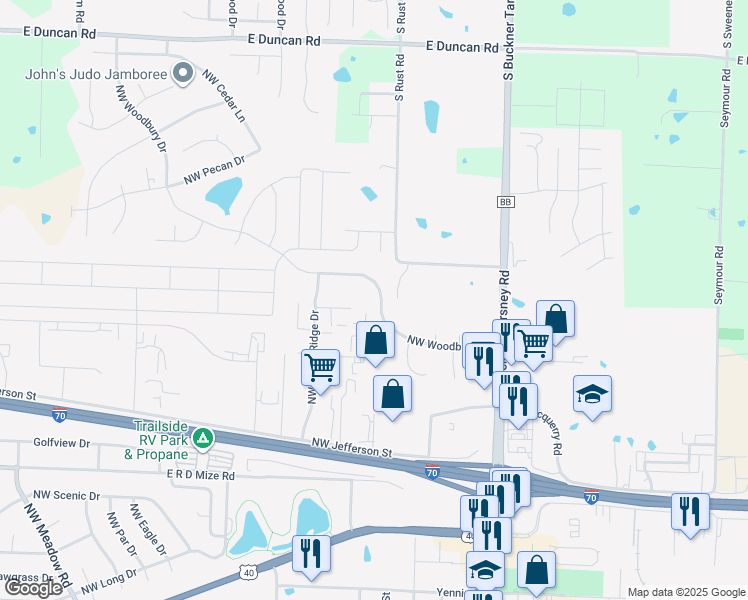 map of restaurants, bars, coffee shops, grocery stores, and more near 317 Northwest Woodbury Drive in Grain Valley