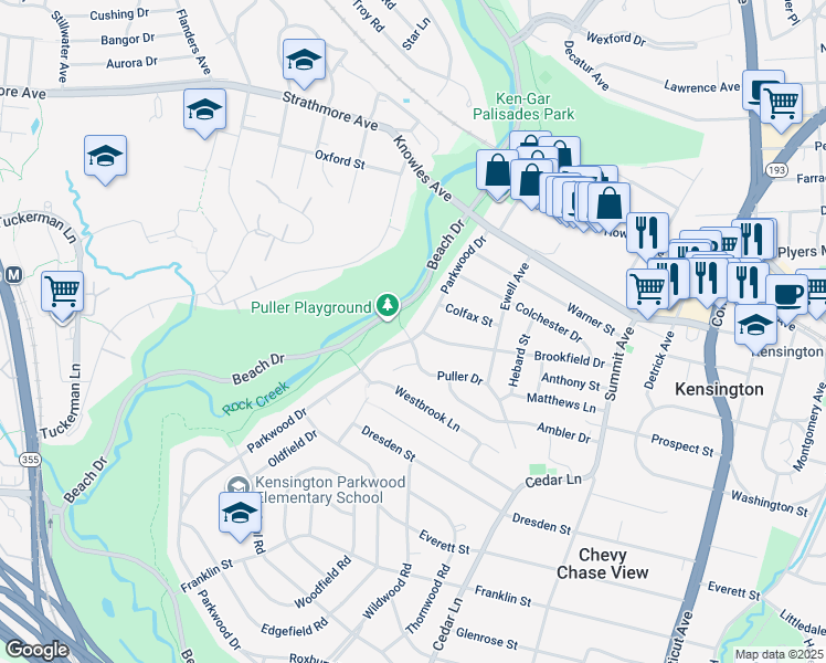 map of restaurants, bars, coffee shops, grocery stores, and more near 10400 Parkwood Drive in Kensington