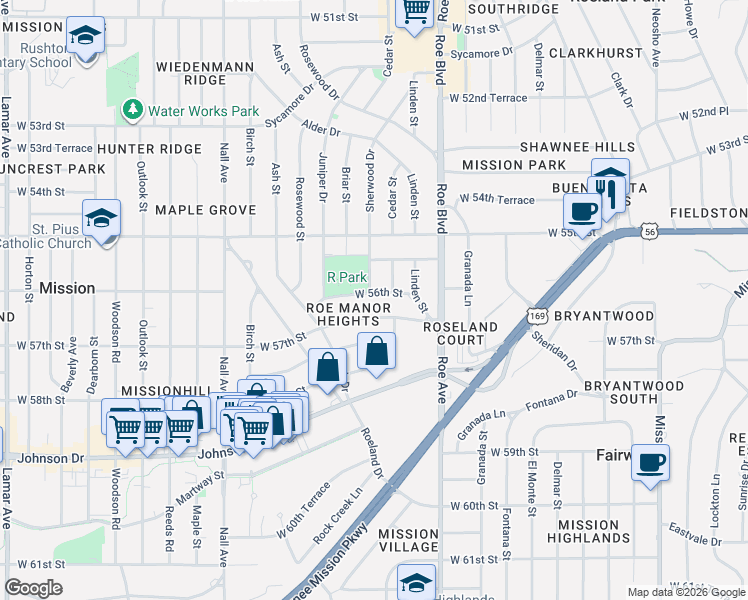 map of restaurants, bars, coffee shops, grocery stores, and more near 4914 West 57th Street in Roeland Park