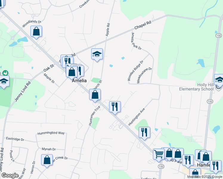 map of restaurants, bars, coffee shops, grocery stores, and more near 11 Cecelia Drive in Amelia