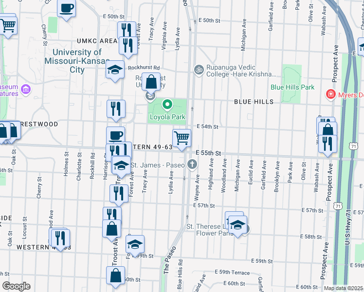 map of restaurants, bars, coffee shops, grocery stores, and more near 5447 Lydia Avenue in Kansas City
