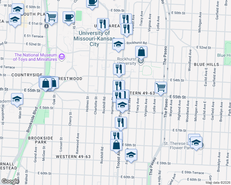 map of restaurants, bars, coffee shops, grocery stores, and more near 5504 Harrison Street in Kansas City