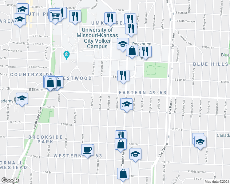 map of restaurants, bars, coffee shops, grocery stores, and more near 5504 Harrison Street in Kansas City